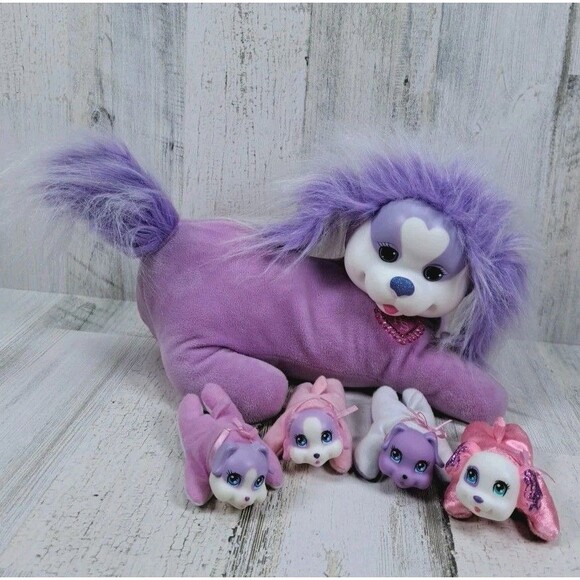 Puppy Surprise Plush Purple Mama Dog & 4 Puppies Babies Belly Compartment Toy - Picture 1 of 16